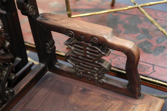 A pair of late 19th century Chinese hongmu armchairs, W.2ft 2in. D. 1ft 7in. H. 3ft 2in.